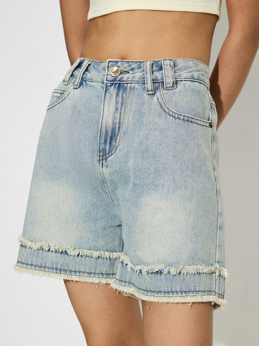 Shorts vaqueros con pernera ancha y dobladillo sin rematar