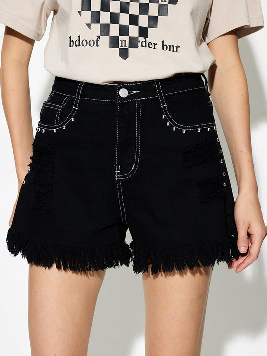 Shorts vaqueros con pernera ancha y dobladillo sin rematar